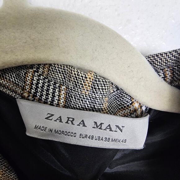 Zara Blazer Plaid Linen Blend Two-Button Peak Lapel Men 38 Brown Black - Picture 6 of 9